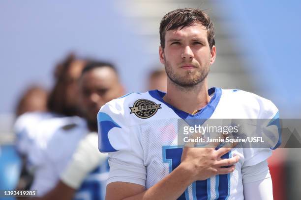 Kyle Sloter of New Orleans Breakers stands for the national anthem before the game against the Tampa Bay Bandits at Protective Stadium on April 24,...