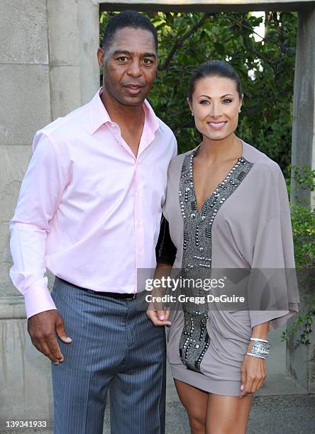 Marcus Allen and Lauren Hunter arrive at the HollyRod Foundation's 12th Annual Design Care at Ron Burkle's Green Acres Estate on July 24, 2010 in...