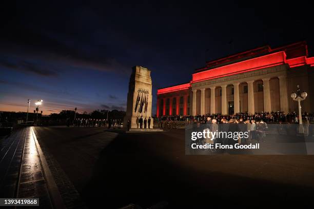 View of the museum and court of honour as people gather to commemorate Anzac Day during the dawn service at Auckland War Memorial Museum on April 25,...