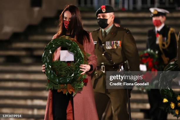 New Zealand Prime Minister Jacinda Ardern lays a wreath to commemorate Anzac Day during the dawn service at Auckland War Memorial Museum on April 25,...