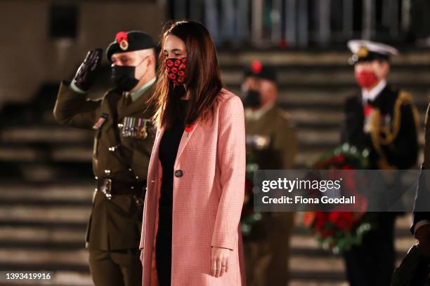 New Zealand Prime Minister Jacinda Ardern lays a wreath to commemorate Anzac Day during the dawn service at Auckland War Memorial Museum on April 25,...