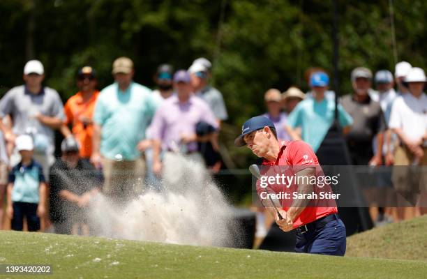 Billy Horschel plays a shot from a bunker on the first hole during the final round of the Zurich Classic of New Orleans at TPC Louisiana on April 24,...