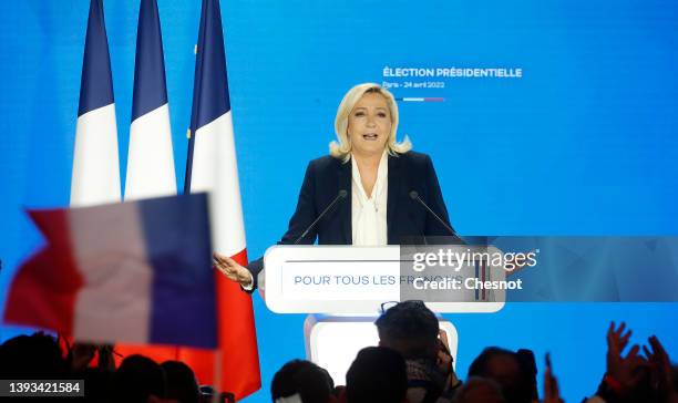 France's far-right party ‘Rassemblement National’ leader, Marine Le Pen candidate for the 2022 presidential election makes a statement after the...