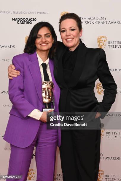 Nida Manzoor, winner of the Writer Comedy award withOlivia Colman attends The British Academy Television Craft Awards Press Room at The Brewery on...