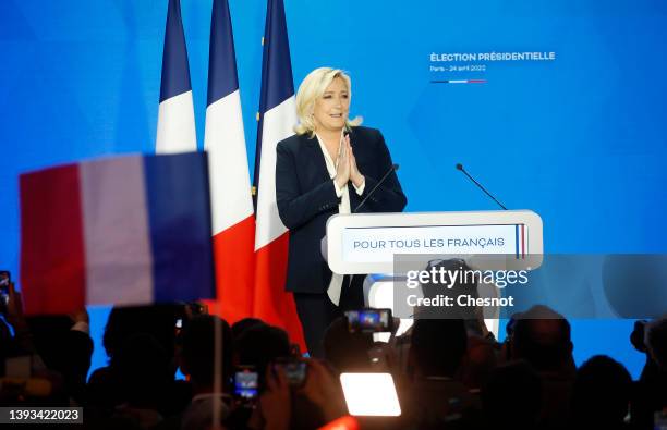 France's far-right party ‘Rassemblement National’ leader, Marine Le Pen candidate for the 2022 presidential election waves her supporters after the...