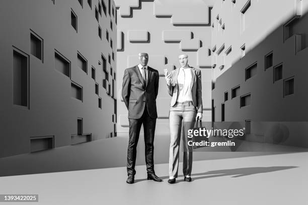 business couple with smiling masks - hypocrisy stockfoto's en -beelden
