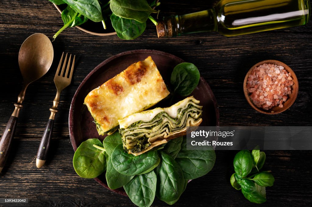 Spinach lasagnaon a plate, vegetarian food