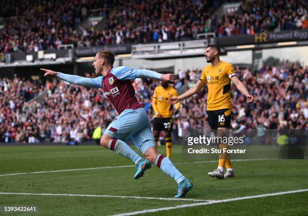 Matej Vydra of Burnley celebrates after scoring their team's first goal during the Premier League match between Burnley and Wolverhampton Wanderers...