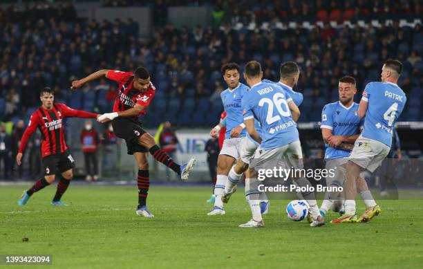 Junior Messias of AC Milan shoots during the Serie A match between SS Lazio and AC Milan at Stadio Olimpico on April 24, 2022 in Rome, Italy.