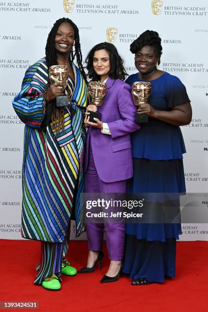 Williams, Nida Manzoor and Aisha Bywaters pose with their awards at The British Academy Television Craft Awards at The Brewery on April 24, 2022 in...