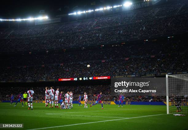 Ousmane Dembele of FC Barcelona takes a free kick during the LaLiga Santander match between FC Barcelona and Rayo Vallecano at Camp Nou on April 24,...