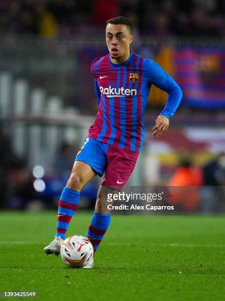 Sergino Dest of FC Barcelona runs with the ball during the LaLiga Santander match between FC Barcelona and Rayo Vallecano at Camp Nou on April 24,...