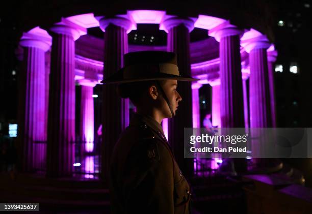 Member of the Australian Defence Forces stands guard during Anzac Day commemoration at the Cenotaph on April 25, 2022 in Brisbane, Australia. Anzac...