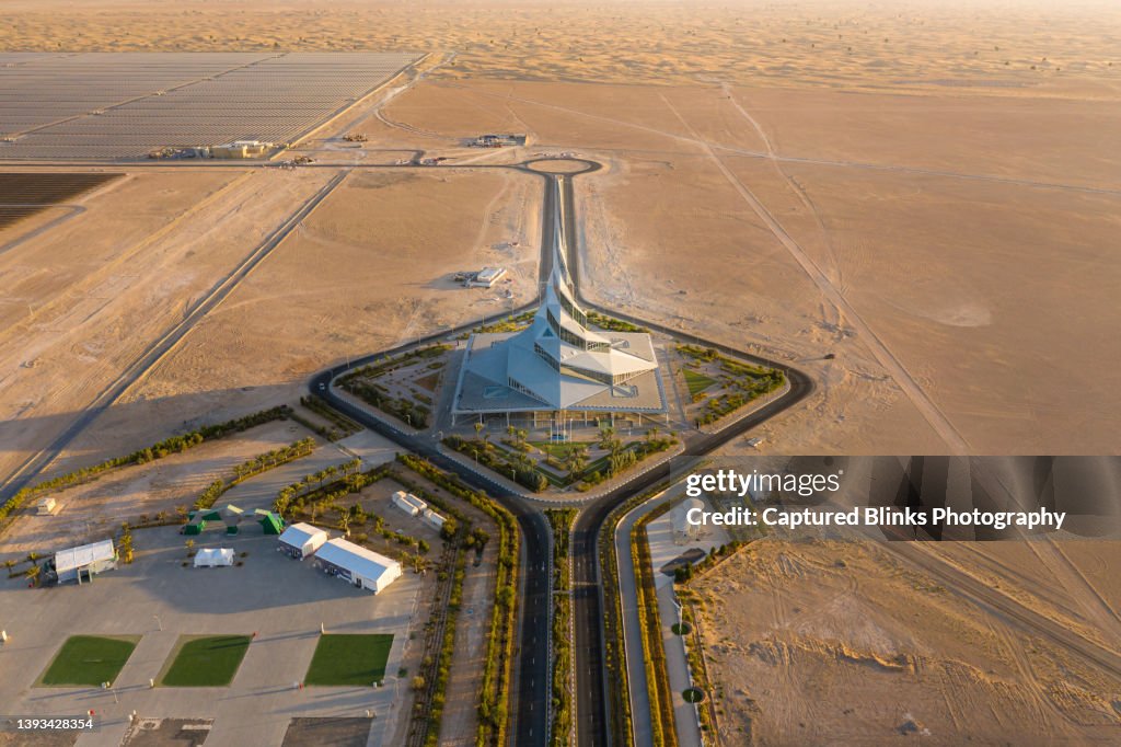 Birds eye view of Solar Innovation Centre in Dubai Desert, UAE