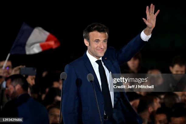France's centrist incumbent president Emmanuel Macron beats his far-right rival Marine Le Pen for a second five-year term as president on April 24,...