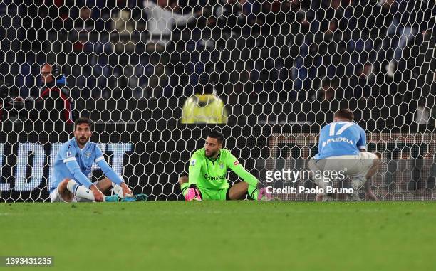 Players of SS Lazio look dejected after conceding their second goal during the Serie A match between SS Lazio and AC Milan at Stadio Olimpico on...