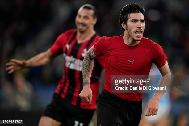 Sandro Tonali of AC Milan celebrates after scoring a goal during the Serie A match between SS Lazio and AC Milan at Stadio Olimpico on April 24, 2022...