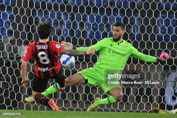 Sandro Tonali of AC Milan scores a second goal during the Serie A match between SS Lazio and AC Milan at Stadio Olimpico on April 24, 2022 in Rome,...