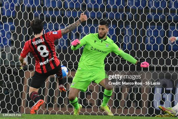 Sandro Tonali of AC Milan scores a second goal during the Serie A match between SS Lazio and AC Milan at Stadio Olimpico on April 24, 2022 in Rome,...