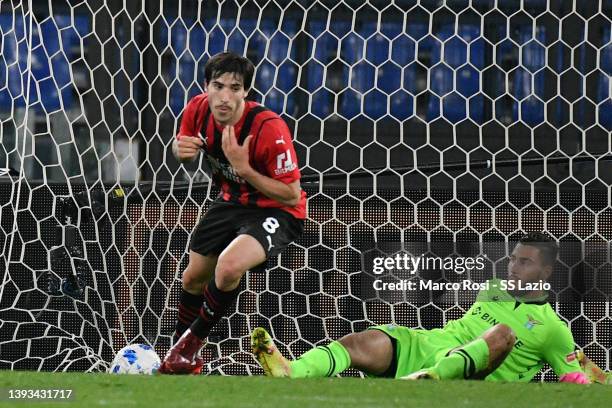 Sandro Tonali of AC Milan celebrates a second goal during the Serie A match between SS Lazio and AC Milan at Stadio Olimpico on April 24, 2022 in...