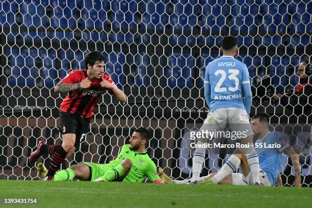 Sandro Tonali of AC Milan celebrates a second goal during the Serie A match between SS Lazio and AC Milan at Stadio Olimpico on April 24, 2022 in...