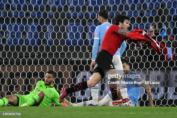 Sandro Tonali of AC Milan celebrates a second goal during the Serie A match between SS Lazio and AC Milan at Stadio Olimpico on April 24, 2022 in...