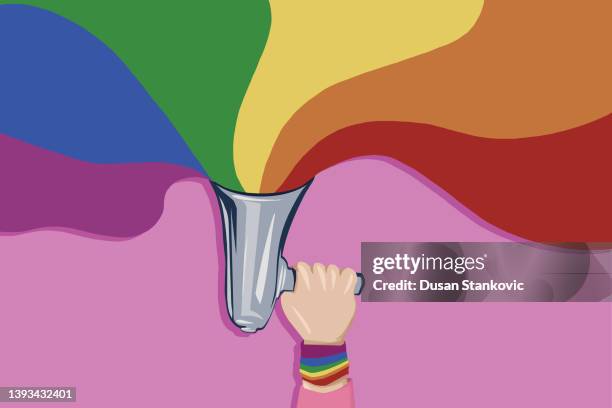 stockillustraties, clipart, cartoons en iconen met attention please, you are proudly attending pride parade! - homorechten