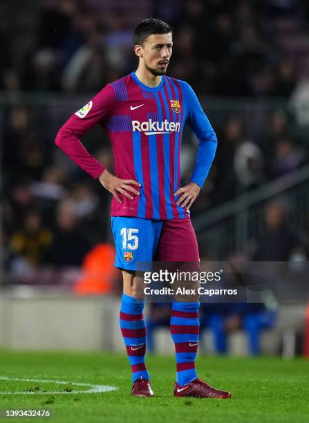 Clement Lenglet of FC Barcelona reacts during the LaLiga Santander match between FC Barcelona and Rayo Vallecano at Camp Nou on April 24, 2022 in...
