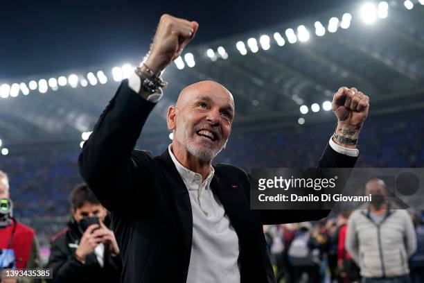 Stefano Pioli head coach of AC Milan celebrate with the fans the victory of the Serie A match between SS Lazio and AC Milan at Stadio Olimpico on...