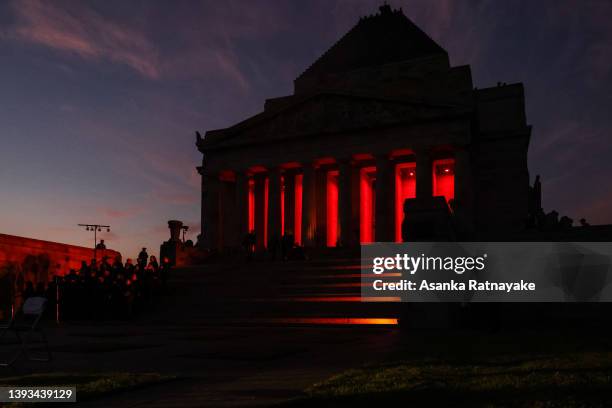 General View of The Shrine of Remembrance on April 25, 2022 in Melbourne, Australia. Anzac day is a national holiday in Australia, traditionally...