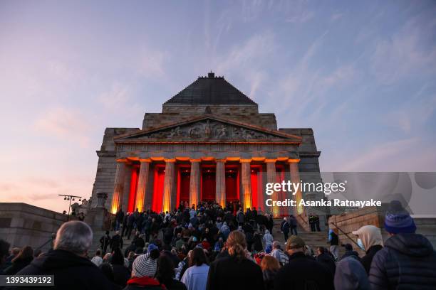 General view of attendees at The Shrine of Remembrance on April 25, 2022 in Melbourne, Australia. Anzac day is a national holiday in Australia,...