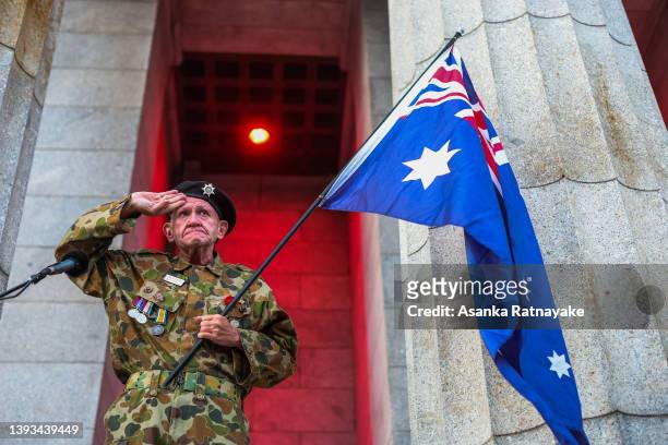 Lance Corporal Arthur Davis Salutes on The Shrine of Remembrance steps on April 25, 2022 in Melbourne, Australia. Anzac day is a national holiday in...