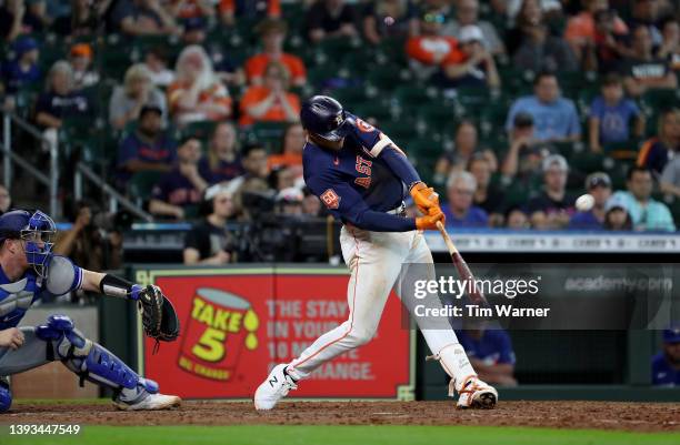 Jeremy Pena of the Houston Astros hits a walk-off two-run home run in the tenth inning against the Toronto Blue Jays at Minute Maid Park on April 24,...