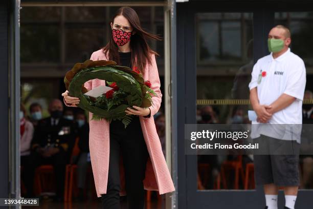 New Zealand Prime Minister Jacinda Ardern lays a wreath at Mt Albert War memorial hall to commemorate Anzac Day on April 25, 2022 in Auckland, New...