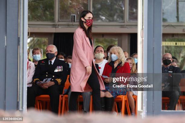 New Zealand Prime Minister Jacinda Ardern lays a wreath at Mt Albert War memorial hall to commemorate Anzac Day on April 25, 2022 in Auckland, New...