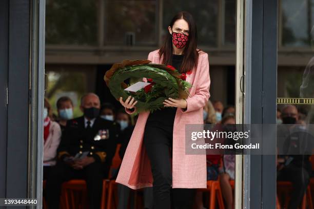 New Zealand Prime Minister Jacinda Ardern lays a wreath at Mt Albert War memorial hall to commemorate Anzac Day on April 25, 2022 in Auckland, New...