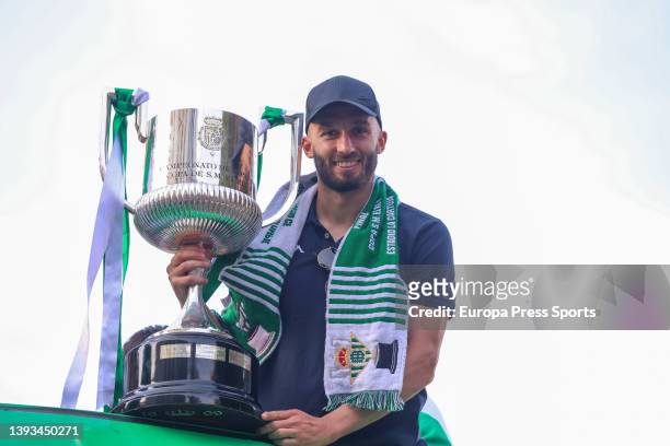 German Pezzella of Real Betis poses for photo with the trophy during the celebration of Real Betis Balompie as winners of the Spanish Cup, Copa del...