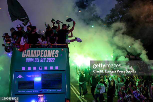 Players of Real Betis during the celebration of Real Betis Balompie as winners of the Spanish Cup, Copa del Rey, with the fans in the streets of...