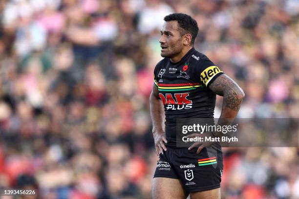 Apisai Koroisau of the Panthers looks on during the round seven NRL match between the Penrith Panthers and the Canberra Raiders at BlueBet Stadium on...