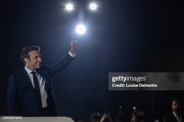 Emmanuel Macron addresses supporters after defeating Marine Le Pen for a second five-year term as president in the French presidential election on...