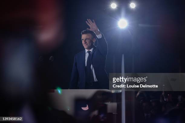 Emmanuel Macron addresses supporters after defeating Marine Le Pen for a second five-year term as president in the French presidential election on...