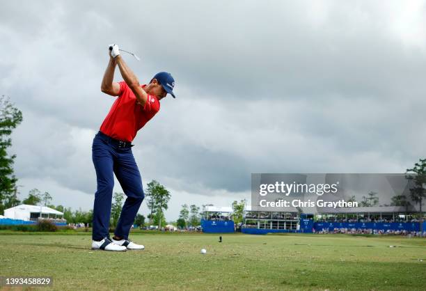 Billy Horschel plays his shot from the 17th tee during the final round of the Zurich Classic of New Orleans at TPC Louisiana on April 24, 2022 in...