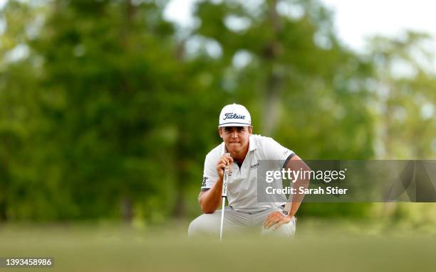 Garrick Higgo of South Africa lines up a putt on the 18th green during the final round of the Zurich Classic of New Orleans at TPC Louisiana on April...