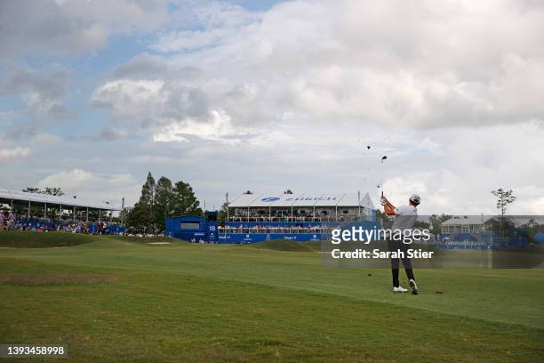 Patrick Cantlay plays a shot \18h during the final round of the Zurich Classic of New Orleans at TPC Louisiana on April 24, 2022 in Avondale,...