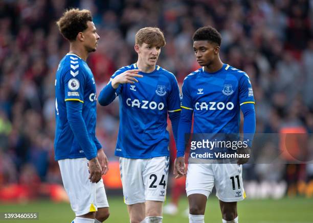 Dele Alli, Anthony Gordon and Demarai Gray of Everton after the Premier League match between Liverpool and Everton at Anfield on April 24, 2022 in...