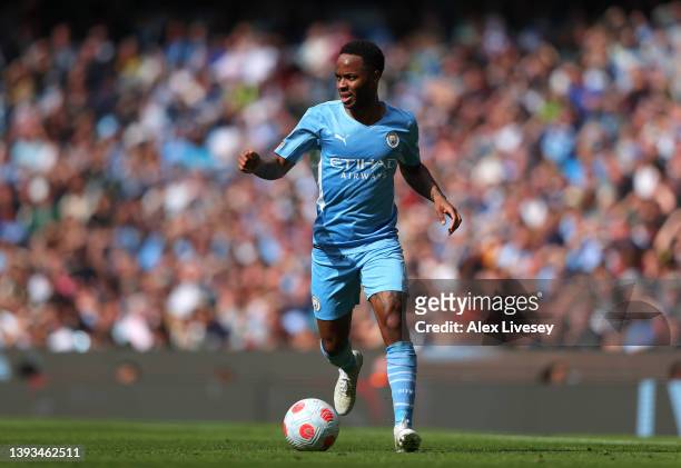 Raheem Sterling of Manchester City during the Premier League match between Manchester City and Watford at Etihad Stadium on April 23, 2022 in...
