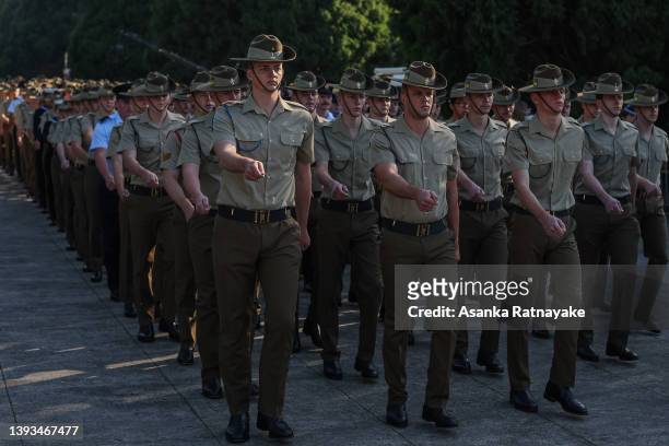 Members of the ADF are seen marching towards The Shrine of Remembrance on April 25, 2022 in Melbourne, Australia. Anzac day is a national holiday in...