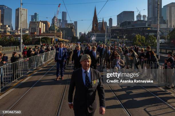 Veterans are seen marching on April 25, 2022 in Melbourne, Australia. Anzac day is a national holiday in Australia, traditionally marked by a dawn...