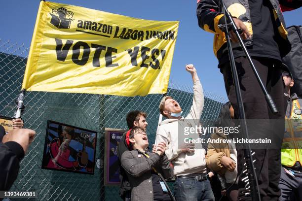 Amazon workers at the LDJ5 Amazon Sort Center join a rally in support of the union on April 24, 2022 in Staten Island, New York. Chris Smalls...