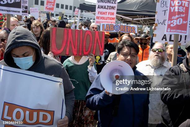 Supporters of Amazon workers attempting to win a second union election at the LDJ5 Amazon Sort Center join a rally in support of the union on April...